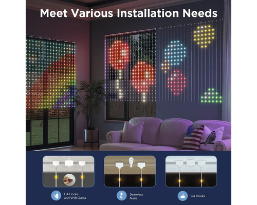 Dekorativer LED-Vorhang mit verschiedenen Installationsmöglichkeiten in einem Wohnzimmer