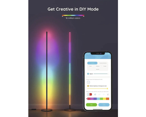 Deux lampadaires LED avec fonction de changement de couleur et un smartphone avec une application pour contrôler les lampes