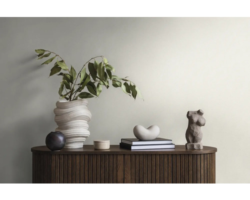 Dekorative Anordnung mit einer Vase, Pflanzen, Büchern und Skulpturen auf einem Schrank