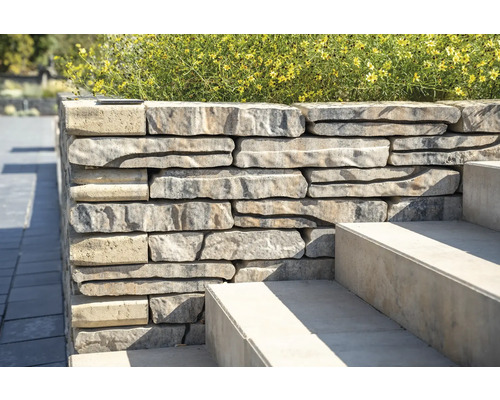 Steinmauer mit Treppe und Bepflanzung im Garten