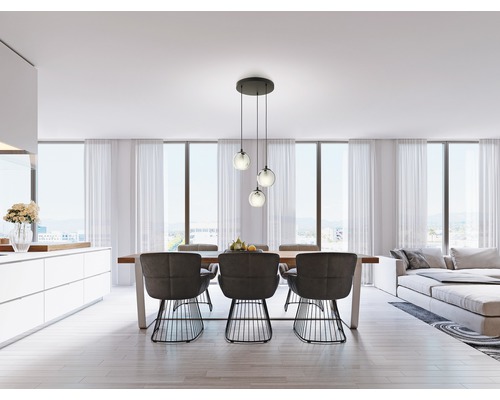 Salle à manger avec table, chaises et suspension au design moderne