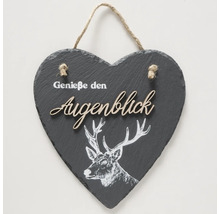 Panneau décoratif en forme de cœur en ardoise avec motif de cerf et l''inscription « Genieße den Augenblick ».