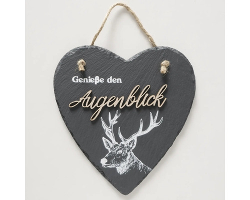 Panneau décoratif en forme de cœur en ardoise avec motif de cerf et l''inscription « Genieße den Augenblick ».