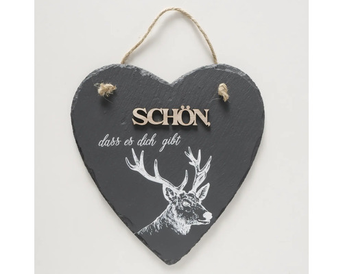 Panneau en ardoise en forme de cœur avec motif de cerf et l''inscription Heureux que tu sois là