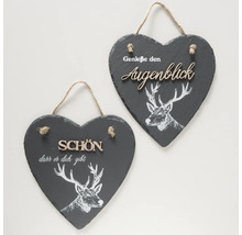 Deux ardoises en forme de cœur avec motif de cerf et dictons allemands