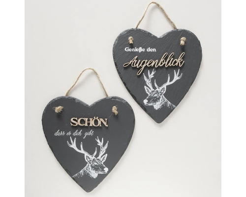 Deux ardoises en forme de cœur avec motif de cerf et dictons allemands
