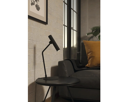 Lampe de table noire sur une table d''appoint dans un salon.
