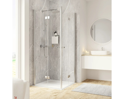 Douche accès d'angle avec porte pivotante-pliante SCHULTE Garant 2.0 75 x 90 x 200 cm charnière carrée profilé chrome verre transparent réversible Douche accès d'angle avec porte pivotante-pliante SCHULTE Garant 2.0 75 x 90 x 200 cm charnière carrée profilé chrome verre transparent réversible