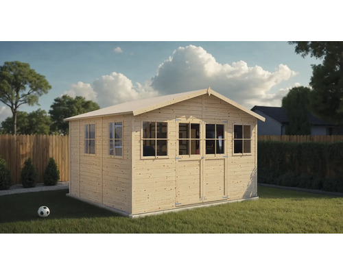 Gartenhaus Bertilo Workshop Smith 364 x 335 cm natur exclusiv bei Hornbach Gartenhaus aus Holz mit Fenstern und Doppeltür auf Rasen