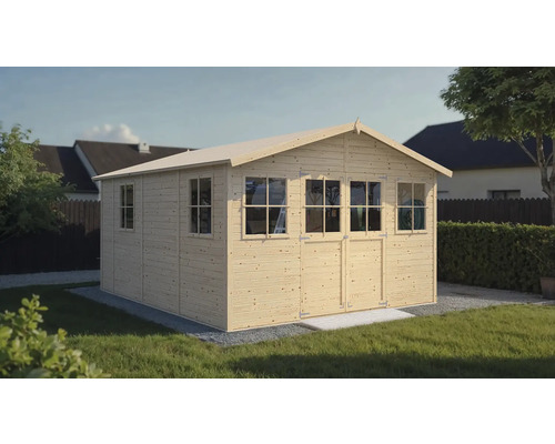 Abri de jardin en bois avec fenêtres et double porte sur pelouse