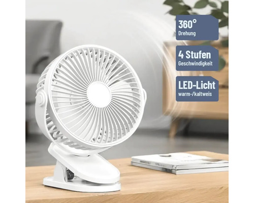 Weißer Ventilator mit Klemme für den Tisch