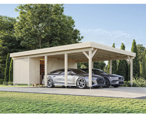 Doppelcarport Palmako Karl 40,6 m² inkl. Geräteraum 555 x 732 cm tauchgrundiert weiß Carport aus Holz mit zwei geparkten Autos