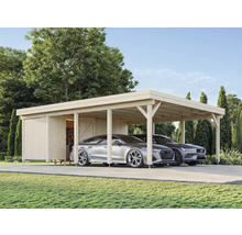 Abri de voiture en bois avec deux voitures garées