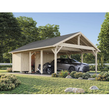 Carport en bois avec voiture et moto dans le jardin