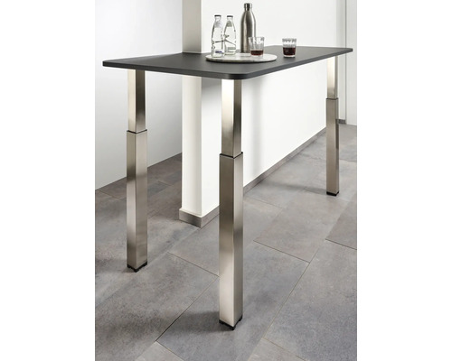 Table haute avec plateau foncé et quatre pieds de table argentés