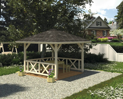 Pavillon de jardin en bois avec table et bancs