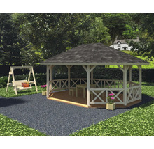 Pavillon de jardin avec toit, garde-corps en bois, table et balançoire dans le jardin