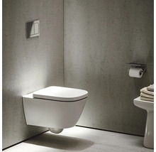 Salle de bains moderne avec WC suspendu, plaque de commande et porte-papier toilette