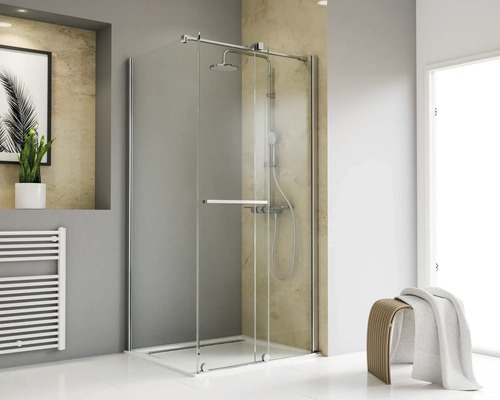 Porte de douche avec paroi latérale et porte coulissante SCHULTE Toura 90 x 120 cm profilé chrome verre transparent tirant droite butée de paroi latérale gauche Porte de douche avec paroi latérale et porte coulissante SCHULTE Toura 90 x 120 cm profilé chrome verre transparent tirant droite butée de paroi latérale gauche