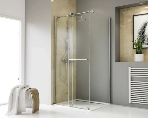 Porte de douche avec paroi latérale et porte coulissante SCHULTE Toura 120 x 80 cm profilé chrome verre transparent tirant gauche butée de paroi latérale droite Porte de douche avec paroi latérale et porte coulissante SCHULTE Toura 120 x 80 cm profilé chrome verre transparent tirant gauche butée de paroi latérale droite