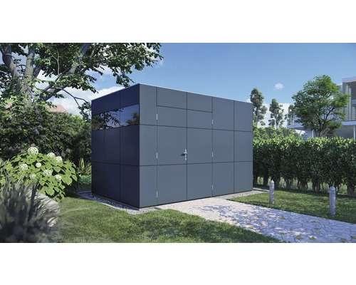 Gartenhaus Bertilo Design HPL 2 345 x 236 cm grau-anthrazit Moderner Geräteschuppen mit Metallverkleidung im Garten.