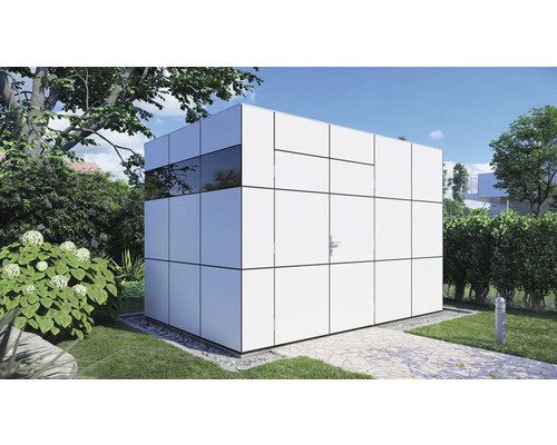 Abri de jardin avec fenêtre et porte dans le jardin