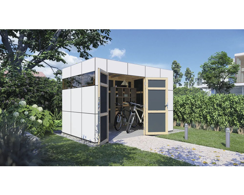 Abri de jardin moderne avec portes ouvertes, vélos et étagères à l''intérieur.