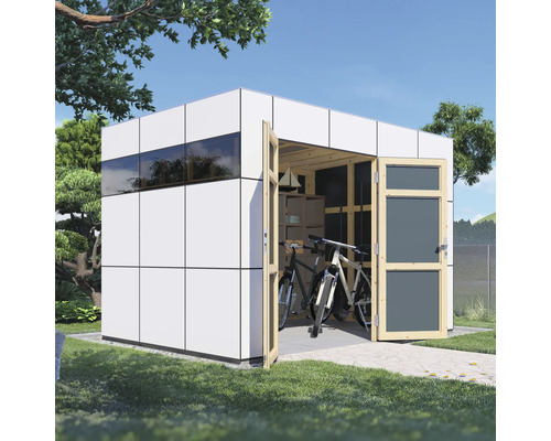 Abri de jardin moderne avec vélos et étagères