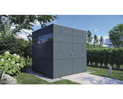 Abri de jardin Bertilo Design HPL 1 230 x 228 cm gris anthracite Abri de jardin moderne avec fenêtre et façade métallique dans le jardin.