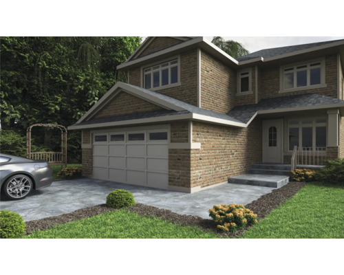 Außenansicht eines zweistöckigen Hauses mit Garage, Steintreppe und gepflegtem Rasen