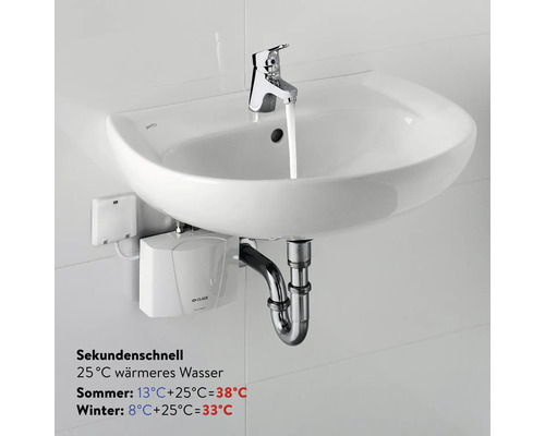 Waschbecken mit Armatur und elektronischem Durchlauferhitzer