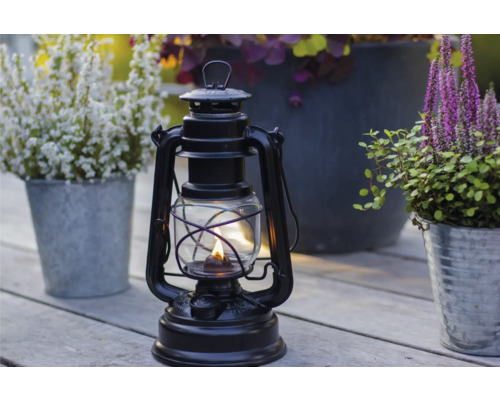 Lampe à pétrole décorative en métal sur une table en bois avec des plantes