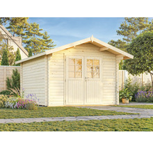 Abri de jardin en bois avec double porte et fenêtres dans le jardin.