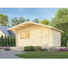 Maison de jardin en bois avec double porte et fenêtre dans un jardin