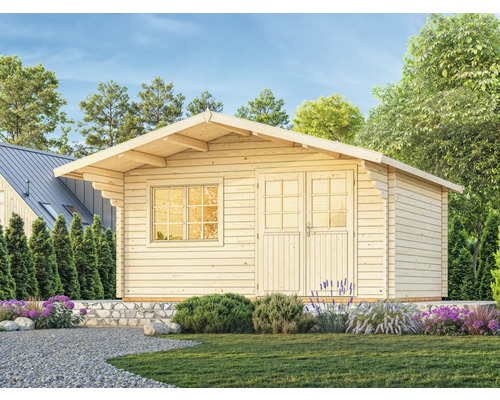 Maison de jardin en bois avec double porte et fenêtre dans un jardin