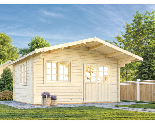 Maison de jardin en bois avec fenêtres et porte double dans le jardin