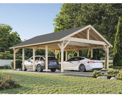 Doppelcarport aus Holz mit zwei geparkten Autos