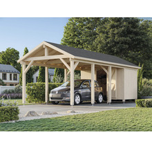 Abri de voiture avec remise à outils et voiture garée dans le jardin