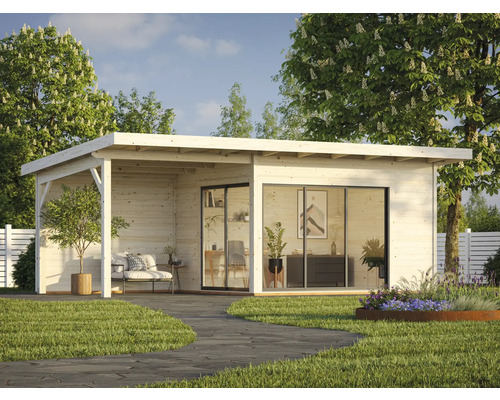 Gartenhaus mit Terrasse, Schiebetüren und Einrichtung im Garten