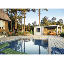 Espace extérieur avec piscine, barbecue, cabane de jardin, pont en bois, chaises longues, table et chaises en bois.