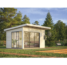 Gartenhaus mit Flachdach, Glasschiebetüren und Holzboden