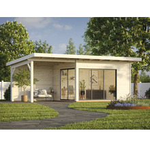 Gartenhaus mit Terrasse, Schiebetüren und Gartengestaltung