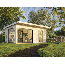 Jardin avec cabane de jardin moderne en bois, pelouse et outils de jardinage