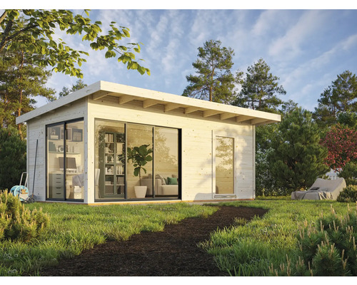 Garten mit modernem Gartenhaus aus Holz und großen Fensterfronten