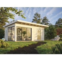 Abri de jardin moderne avec façade en verre dans un jardin soigné