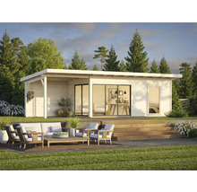 Modernes Gartenhaus mit Terrasse, Sitzgruppe und Blick in den Garten