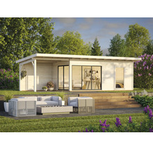 Modernes Gartenhaus mit Terrasse, Sitzgruppe und Bepflanzung