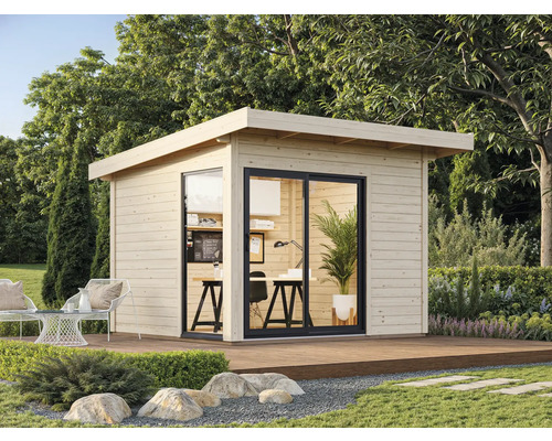 Abri de jardin Palmako Andrea 7,5 m² Slide Plus avec plancher 340 x 352 cm imprégné par immersion Abri de jardin moderne avec porte coulissante, terrasse et aménagement paysager