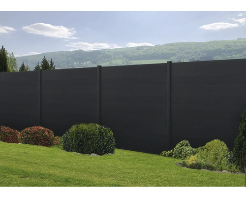 Vue de jardin avec un écran d''intimité moderne en bois sombre