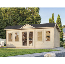 Abri de jardin avec fenêtres et double porte sur pelouse